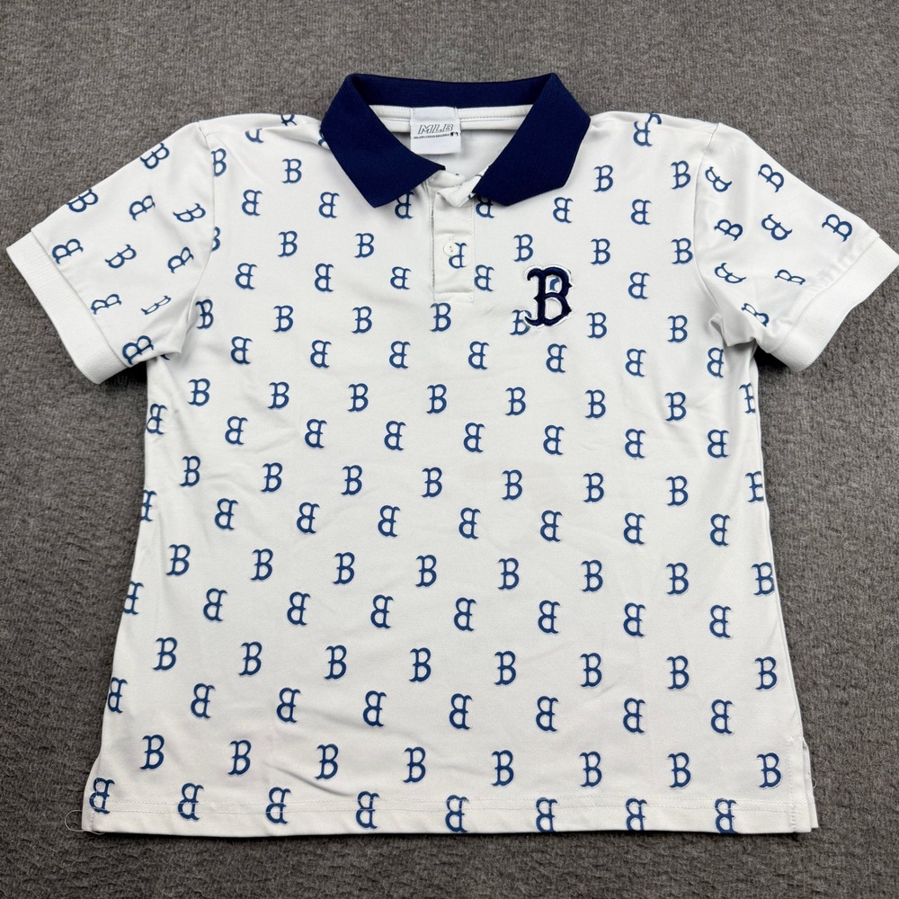 MLB Boston Red Sox Women's S White Navy Blue All Over Logo Print Polo Shirt